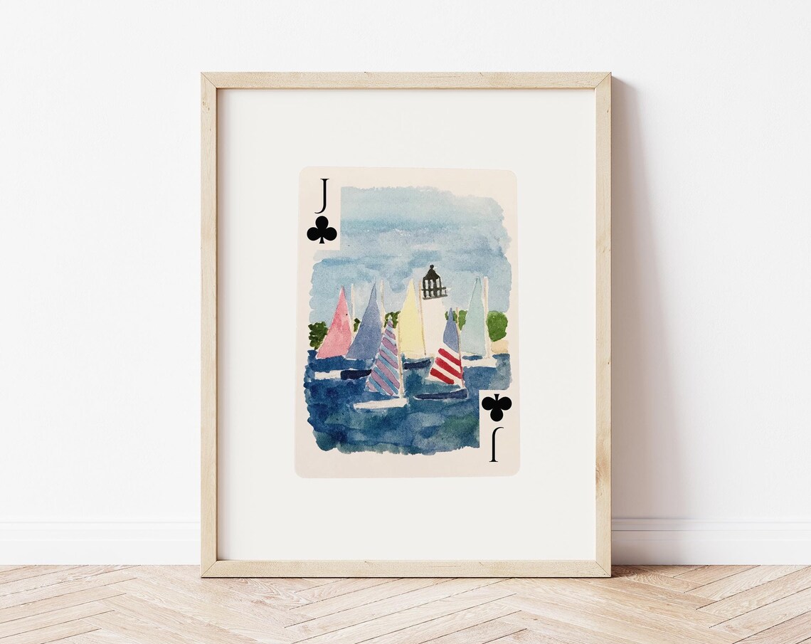 Jack of Clubs Watercolor Sailboat Lighthouse Playing Card Art Poster