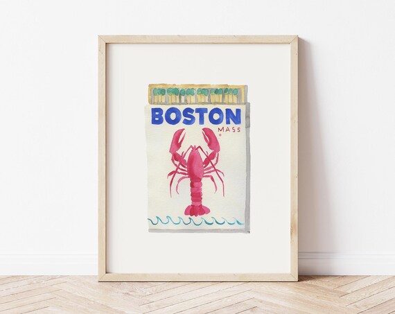 Boston Wall Decor Vintage Matchbox Print Trendy Matches Poster Boston Wall Art Lobster Art Print Boston Print Matchbox Poster