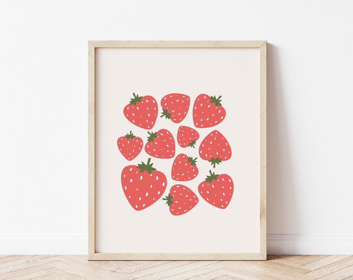 Cute Red Strawberry Scatter Illustration Playful Kitchen Art Print