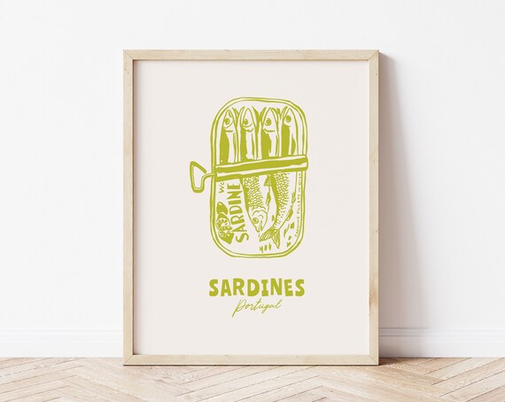 Sardines Illustration Sardines Wall Art Print Retro Fish Art Seafood Wall Art Sardines Tin Print Colorful Fish Print Green Fish Print