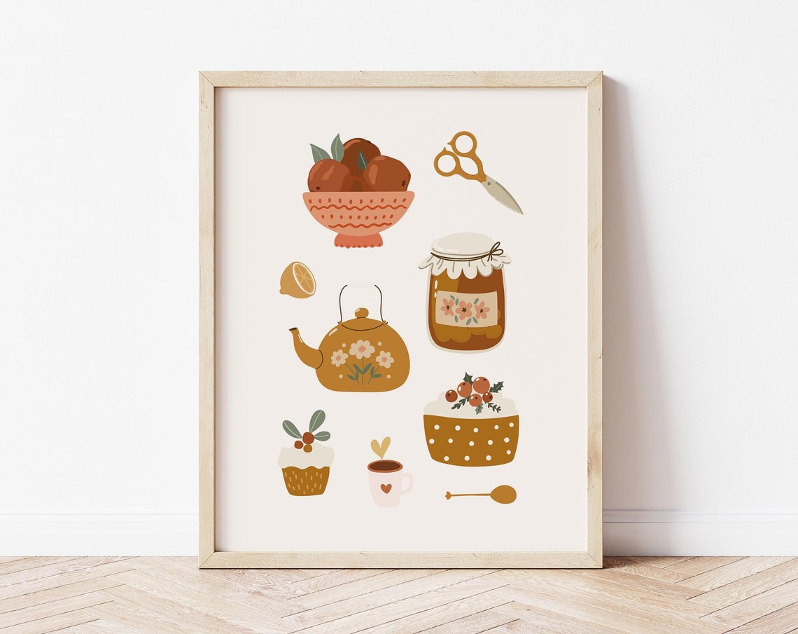 Cozy Kitchen Boho Hand Drawn Teapot Jam Jar Cupcake Art Print