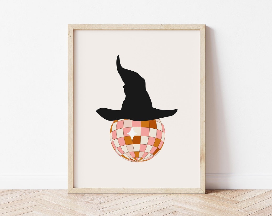 Black Witch Hat on Pink Disco Ball Retro Halloween Party Art Print