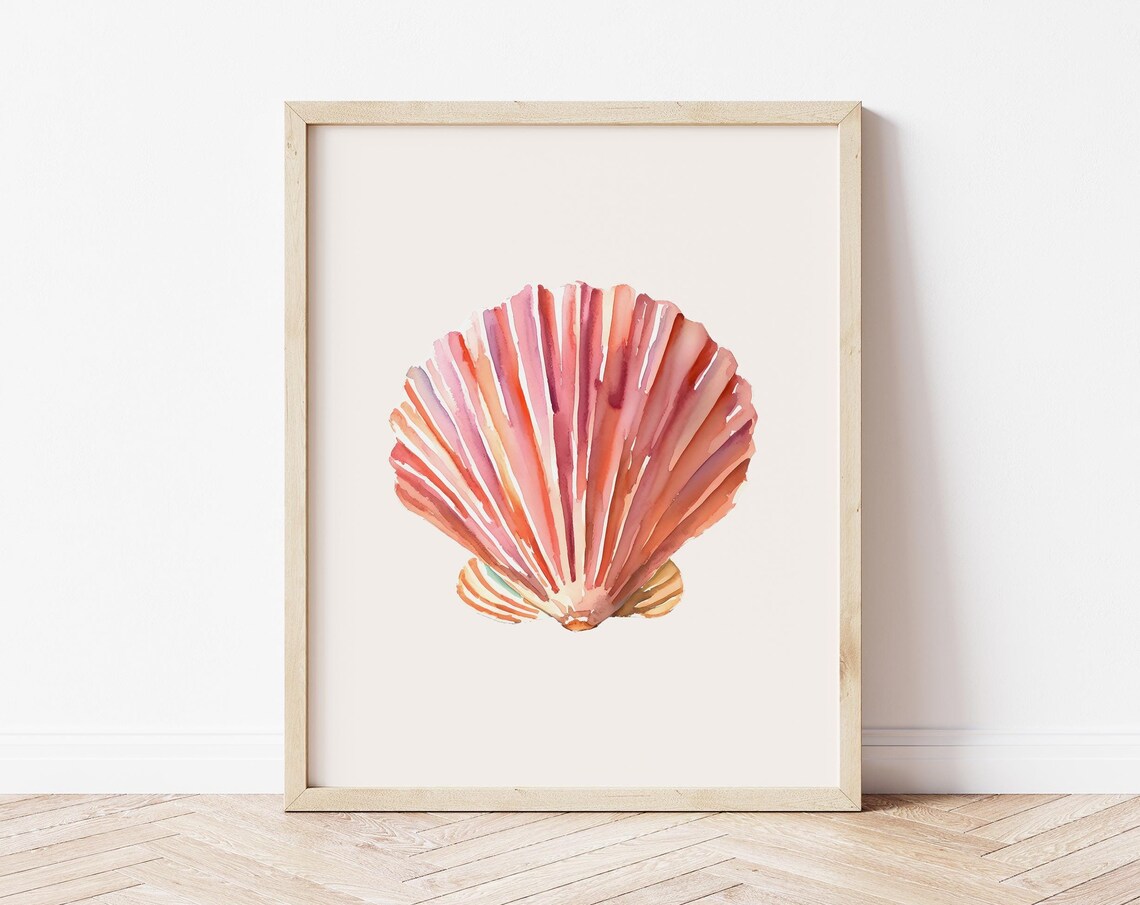 Coral Scallop Shell Watercolor Large Pink Seashell Beach Wall Art
