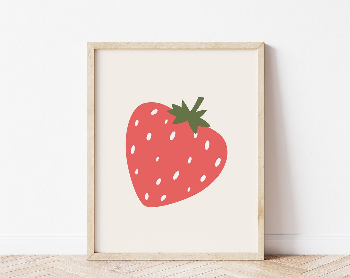 Strawberry Red Fruit Minimalist Cute Botanical Kitchen Wall Art