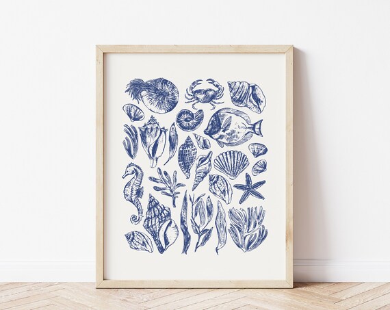 Vintage Sea Life Shells Navy Blue Nautical Illustration Wall Art