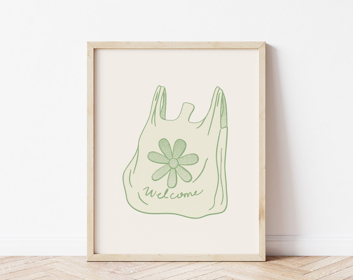 Welcome Daisy Plastic Shopping Bag Green Line Art Entryway Poster