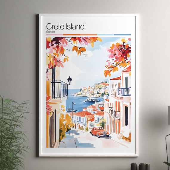 Crete Island Greece Old Town Street Vintage Car Watercolor Poster