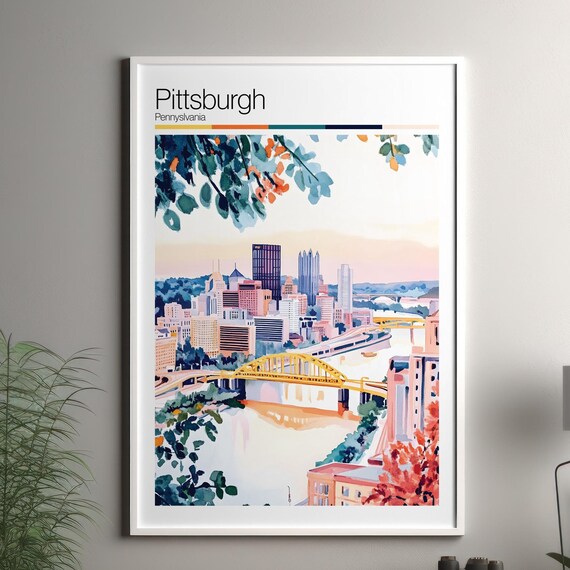 Pittsburgh Pennsylvania Yellow Bridge Sunset Skyline Watercolor Poster