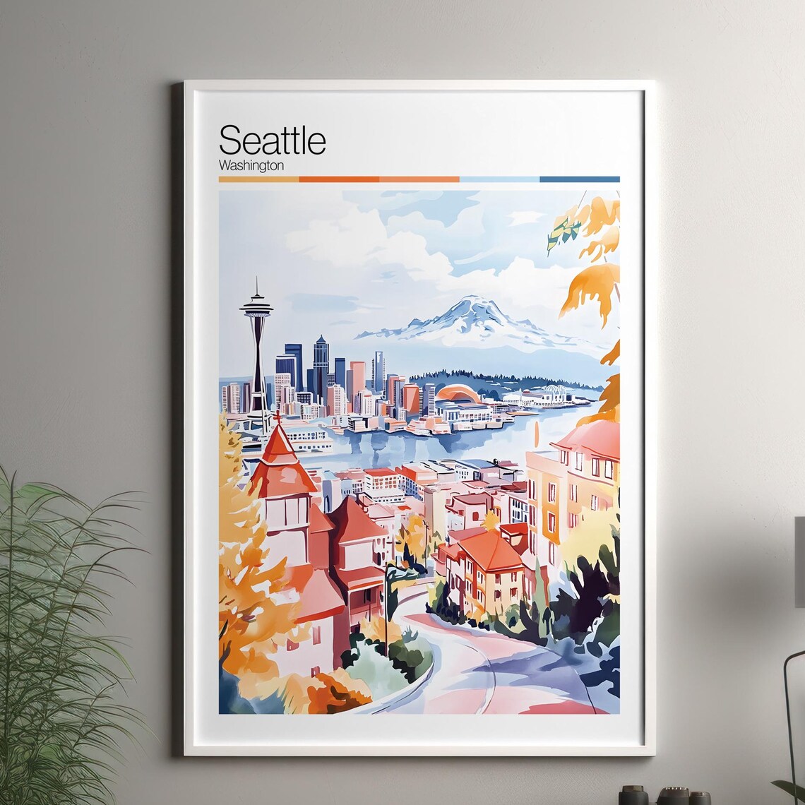 Seattle Washington Space Needle Mount Rainier City Travel Poster