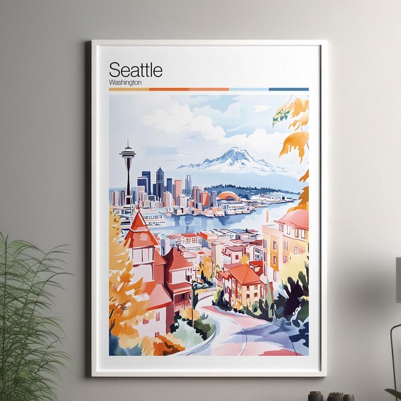 Seattle Print Soft Colors Travel Poster Colourful Wall Art United States City Decor For