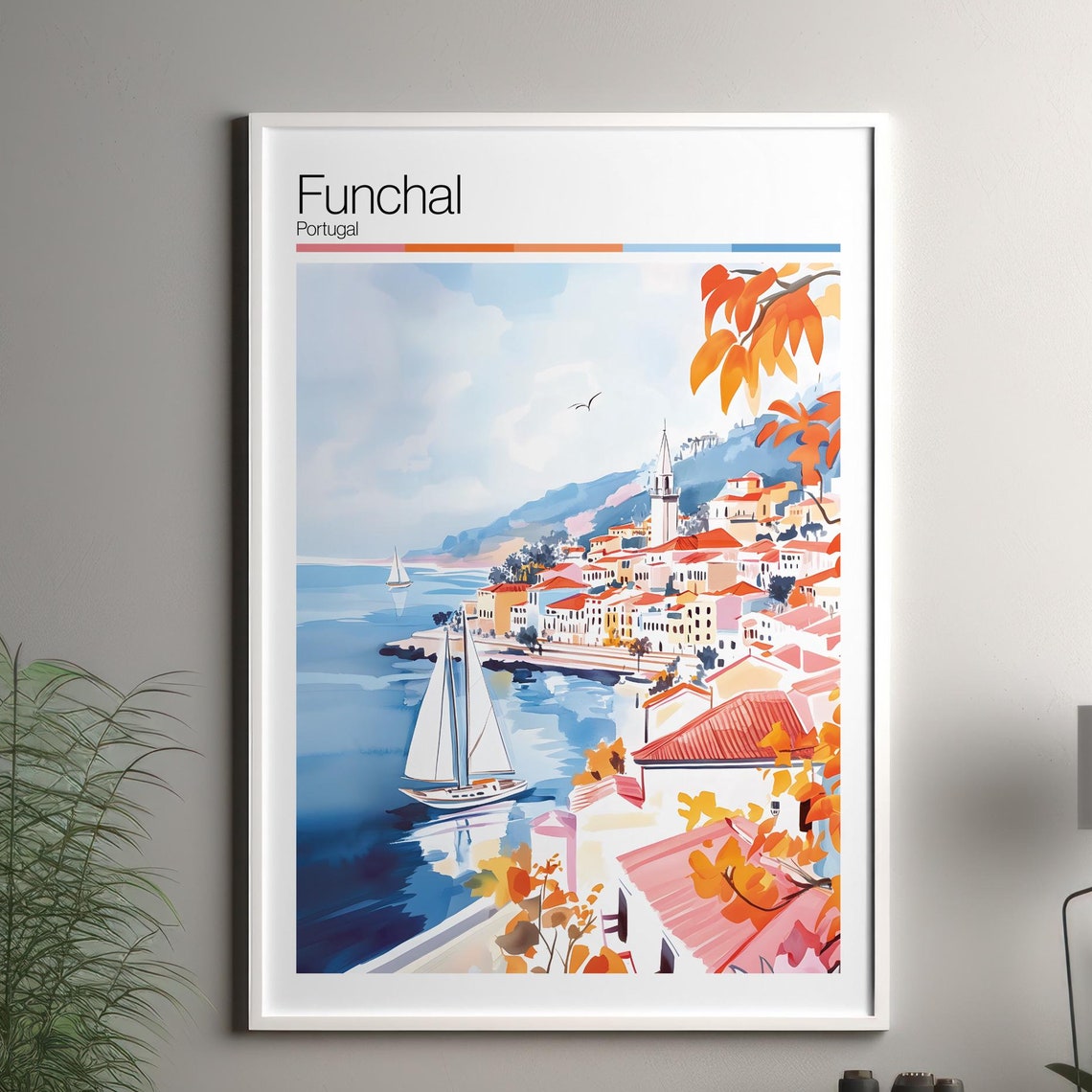 Funchal Portugal Coastal Harbor Sailboat Soft Pastel Travel Poster