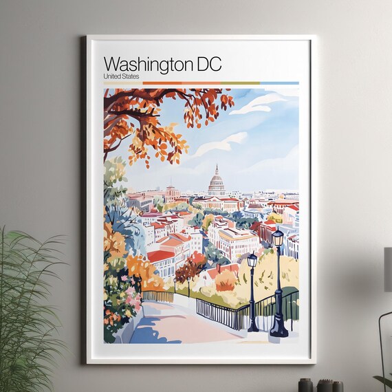 Washington DC United States Capitol Dome Autumn Watercolor Travel Poster