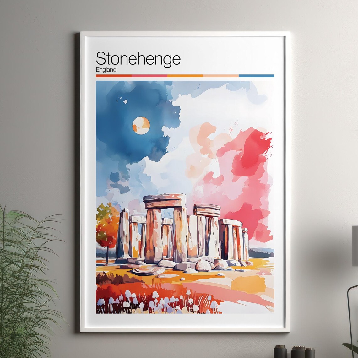 Stonehenge England Watercolor Travel Poster Ancient Stones Moon Art