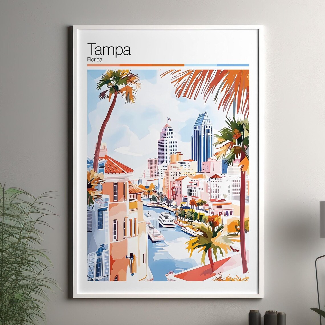 Tampa Florida Watercolor Skyline Palm Trees Riverwalk Travel Poster