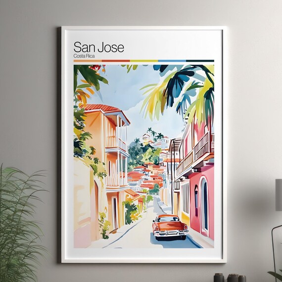 San Jose Costa Rica Colonial Street Classic Car Watercolor Travel Poster
