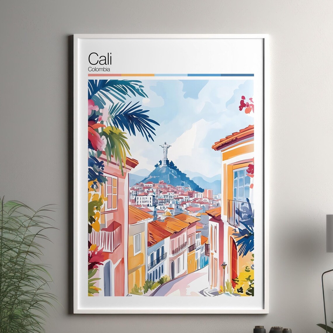 Cali Colombia Colorful Street With Hilltop Statue Travel Poster