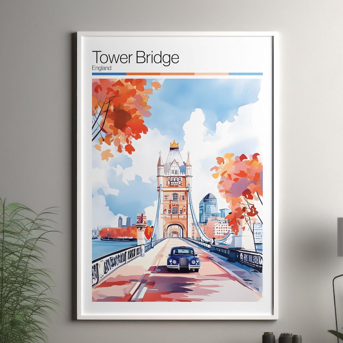 Tower Bridge England Watercolor Travel Poster Black Taxi London Art
