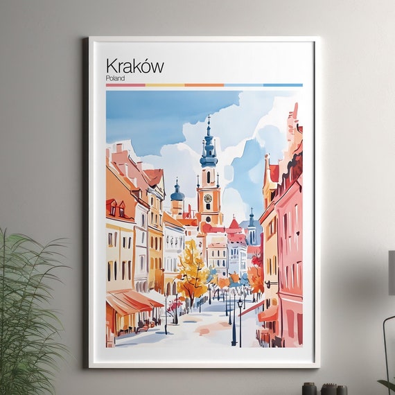 Krakow Print Soft Colors Travel Poster Colourful Wall Art Poland City Decor For
