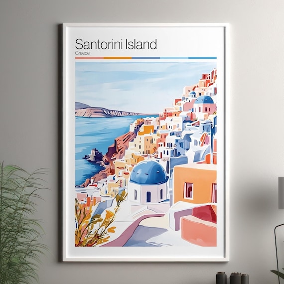Santorini Island Greece Blue Dome Churches Watercolor Travel Poster Gift