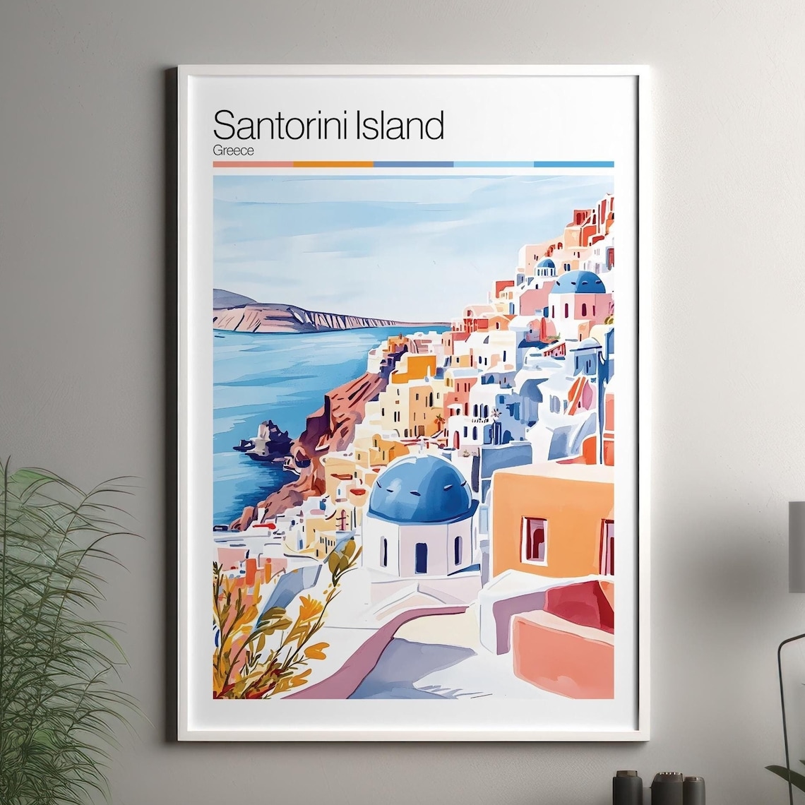 Santorini Island Greece Blue Dome Churches Watercolor Travel Poster Gift