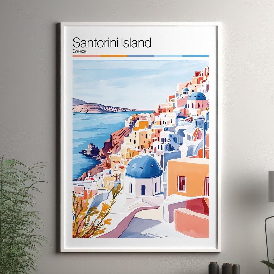 Santorini Island Soft Colors Travel Poster Print Colourful Wall Art Greece City Decor