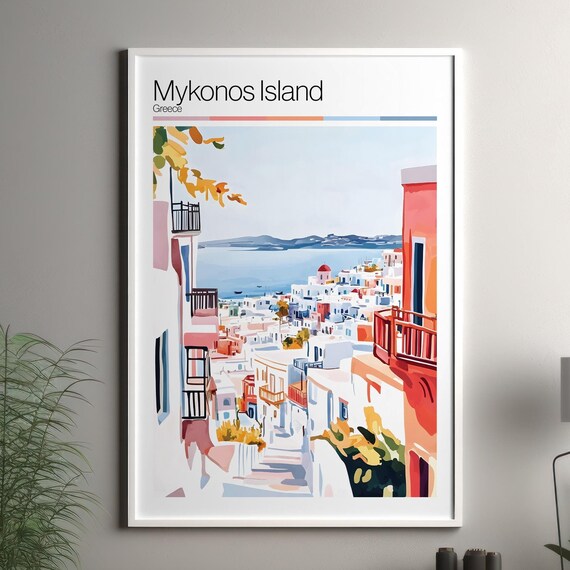 Mykonos Island Greece Whitewashed Town Sea View Travel Poster Coastal