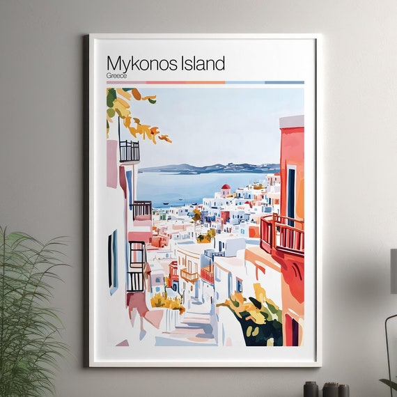 Mykonos Island Soft Colors Travel Poster Print Colourful Wall Art Greece City Decor