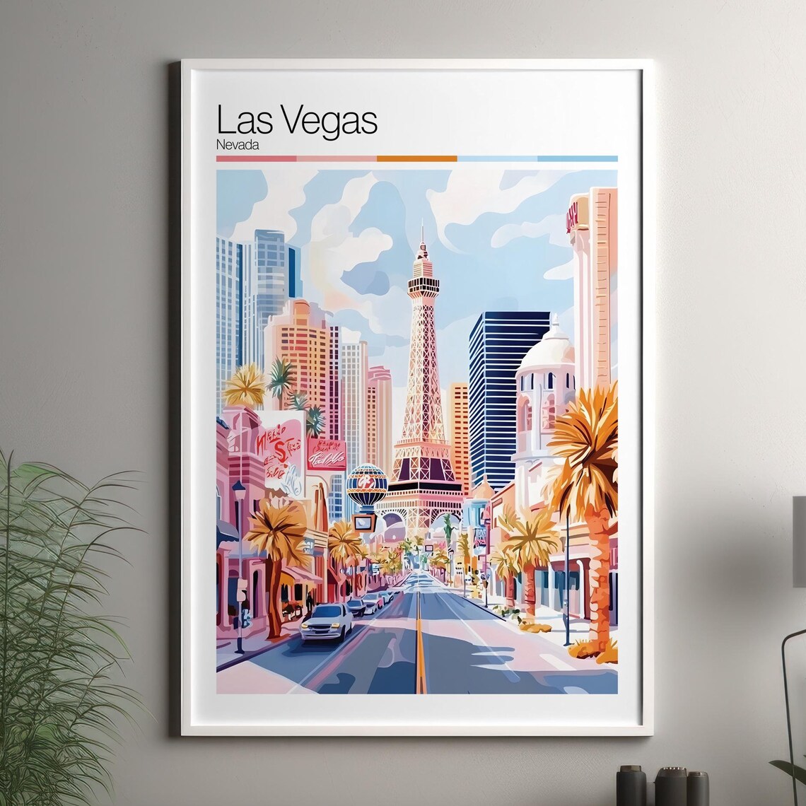 Las Vegas Nevada Strip Eiffel Tower Watercolor City Travel Poster
