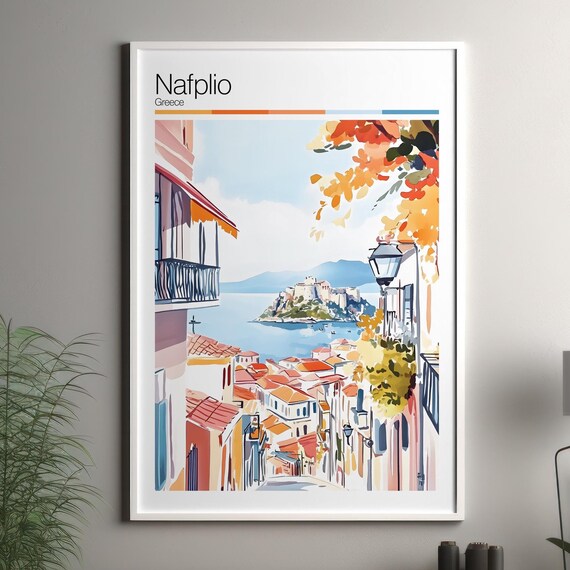 Nafplio Greece Watercolor Seaside Old Town Travel Poster Coastal Gift