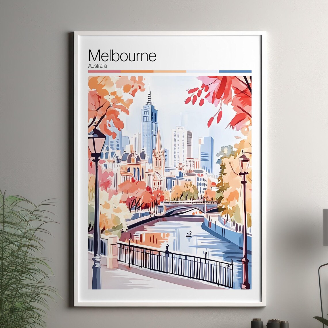 Melbourne Australia Autumn River Bridge City Watercolor Travel Poster
