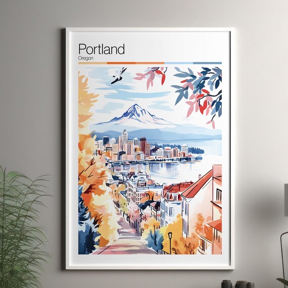 Portland Oregon Mount Hood Skyline Autumn Watercolor Travel Poster
