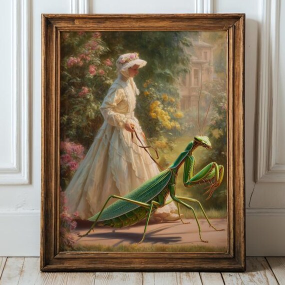 Giant Insect And Victorian Lady Fantasy Print Odd Art For Wall Dark Academia Poster Quirky Gothic Surrealism