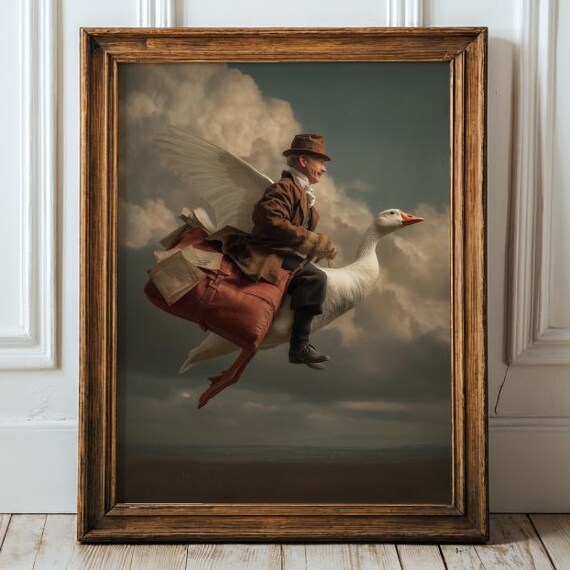Surreal Flying Goose Mailman Wall Art Print Whimsical Vintage Fantasy Animal Poster Retro