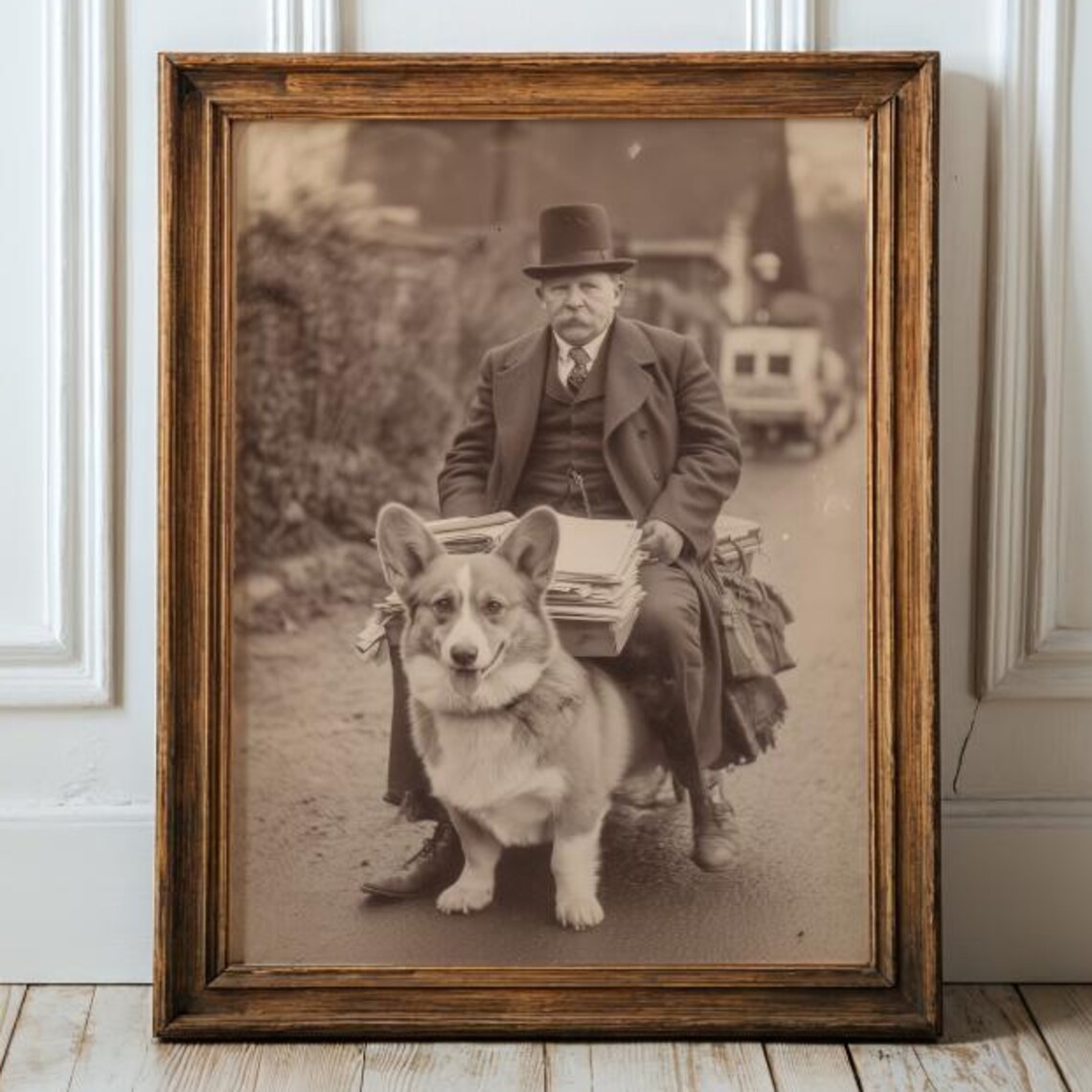 Vintage Man on Corgi Funny Sepia Dog Poster