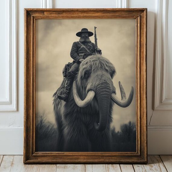 Cowboy Riding Mammoth Sepia Fantasy Art Print Prehistoric Western Surreal Poster Monochrome