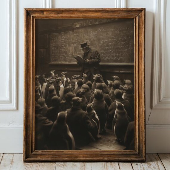 Penguin Classroom Vintage Sepia Funny Professor Lecture Poster