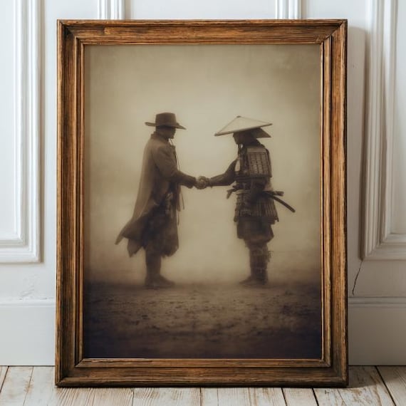 Epic Cowboy And Samurai Poster Vintage Sepia Tone Art Print East Meets West Peace Deal