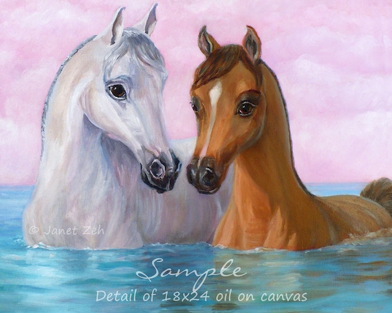Two Horses Swimming In The Sea Pink Sky Oil Painting Animal Art Poster