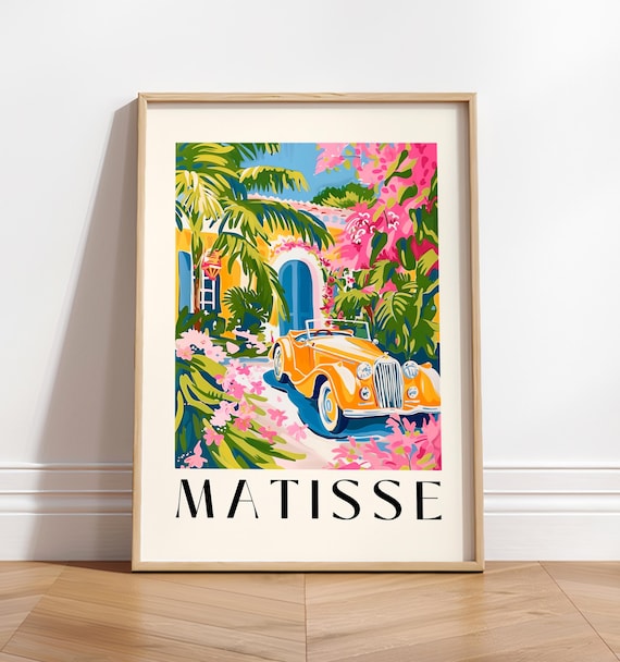 Matisse Style Vintage Orange Convertible Car Garden Villa Art Poster
