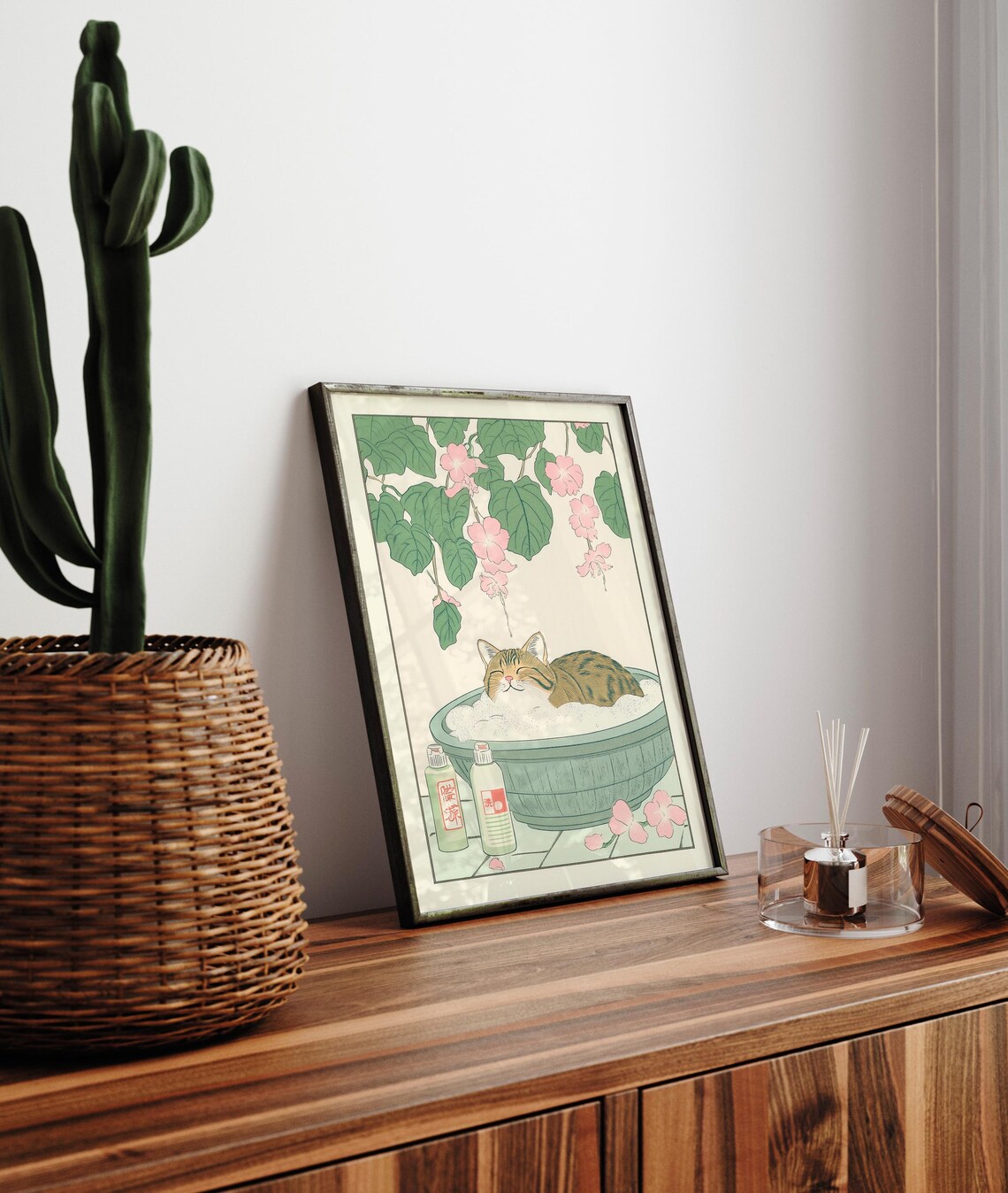 Tabby Cat In Bathtub, Japanese Bathroom Decor
