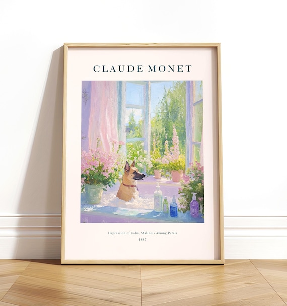 Belgian Malinois Dog In Bathtub, Monet-Inspired Poster