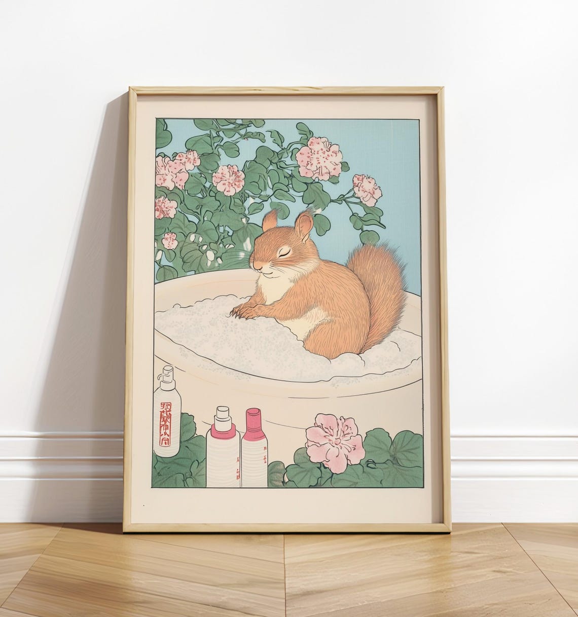 Sleeping Squirrel In Bathtub Ukiyoe Japanese Art Poster Cute