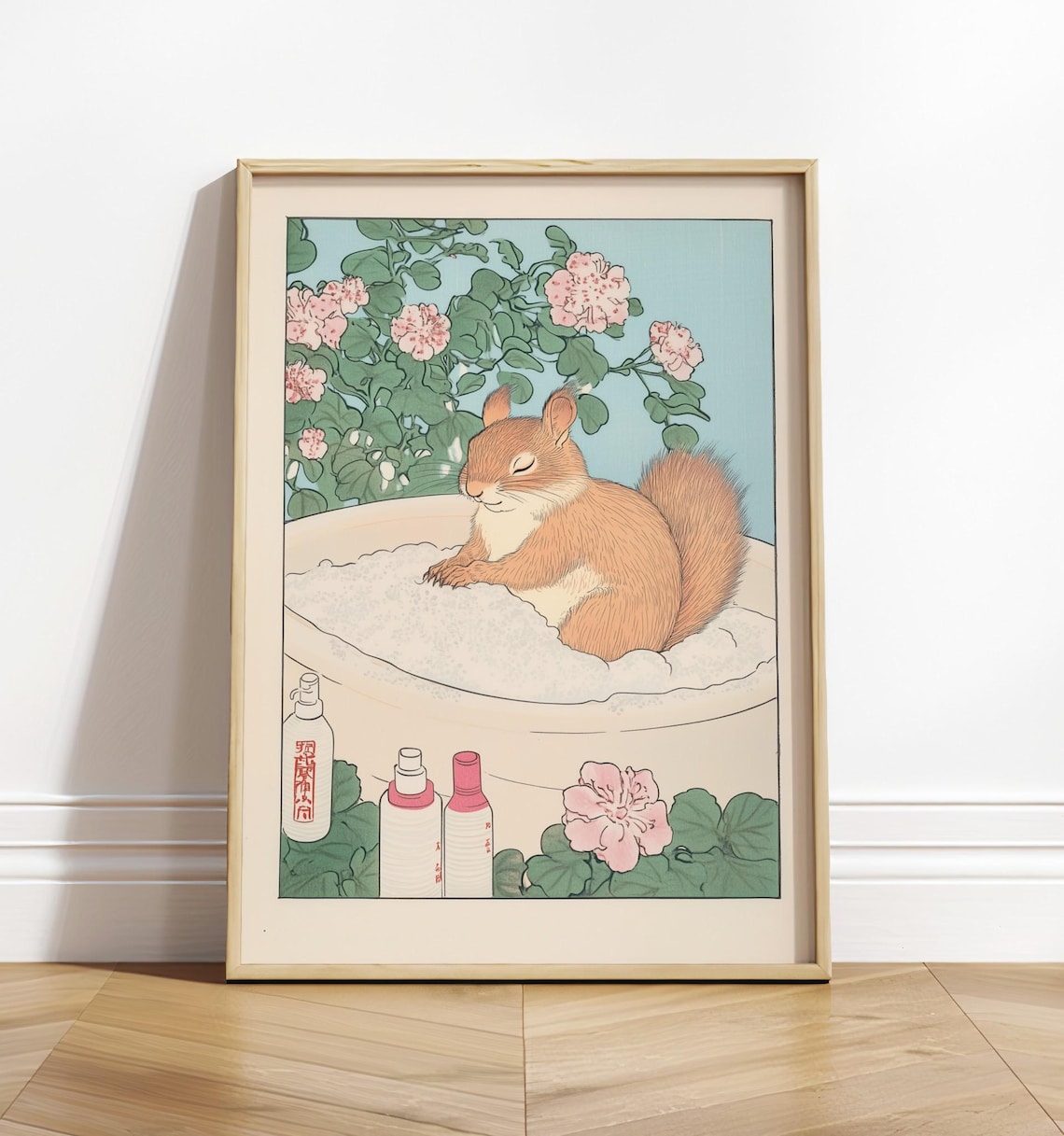 Squirrel In Bathtub Ukiyoe Print Japandi Bathroom Art