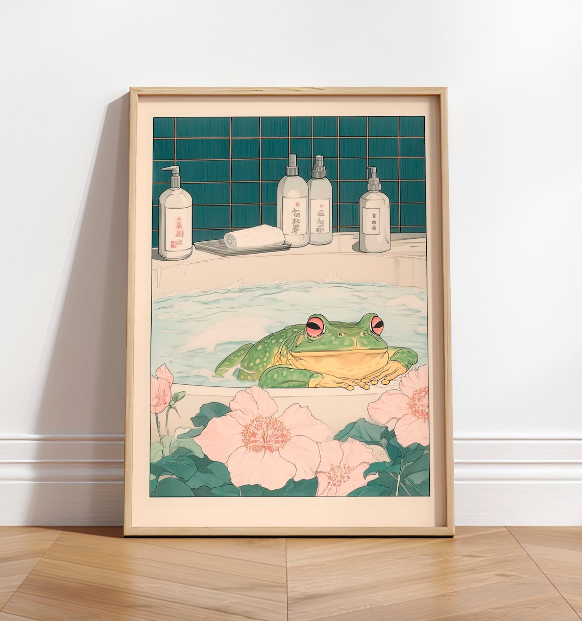 Frog In Bathtub Art Print, Japandi Bathroom Decor