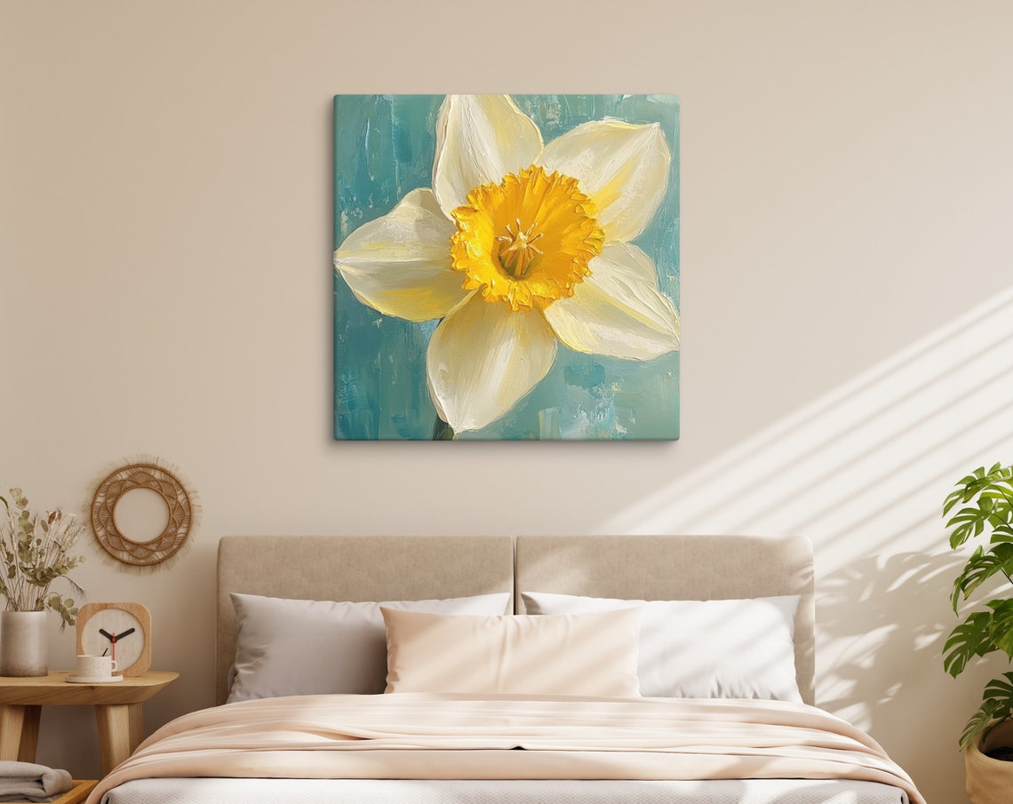 Yellow Daffodil Close Up Bloom Teal Background Oil Painting Poster - Image 5