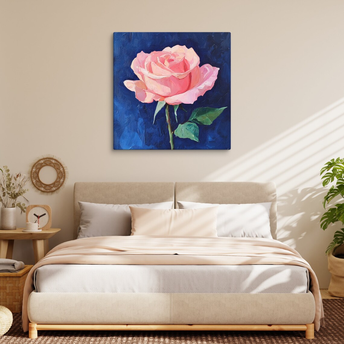 Pink Rose Bloom Impasto Navy Blue Background Painting Art Poster - Image 5