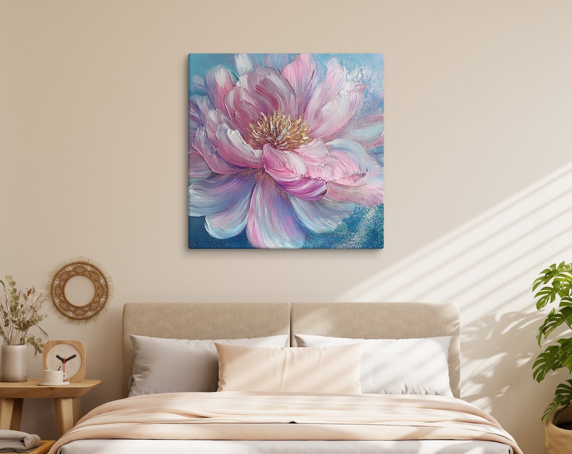 Pink and Blue Peony Impasto Close-Up Gold Center Floral Art Poster - Image 5