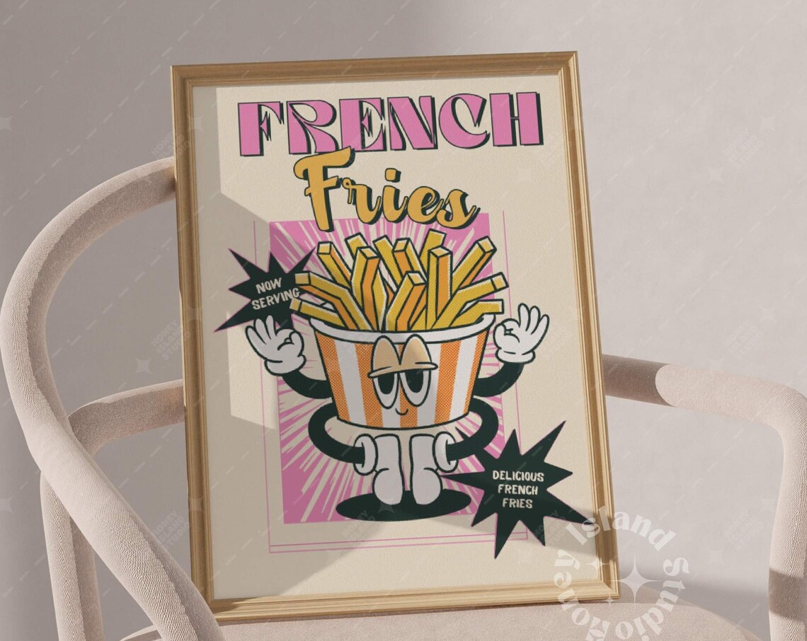 French Fries Retro Poster, Vintage Preppy Kitchen