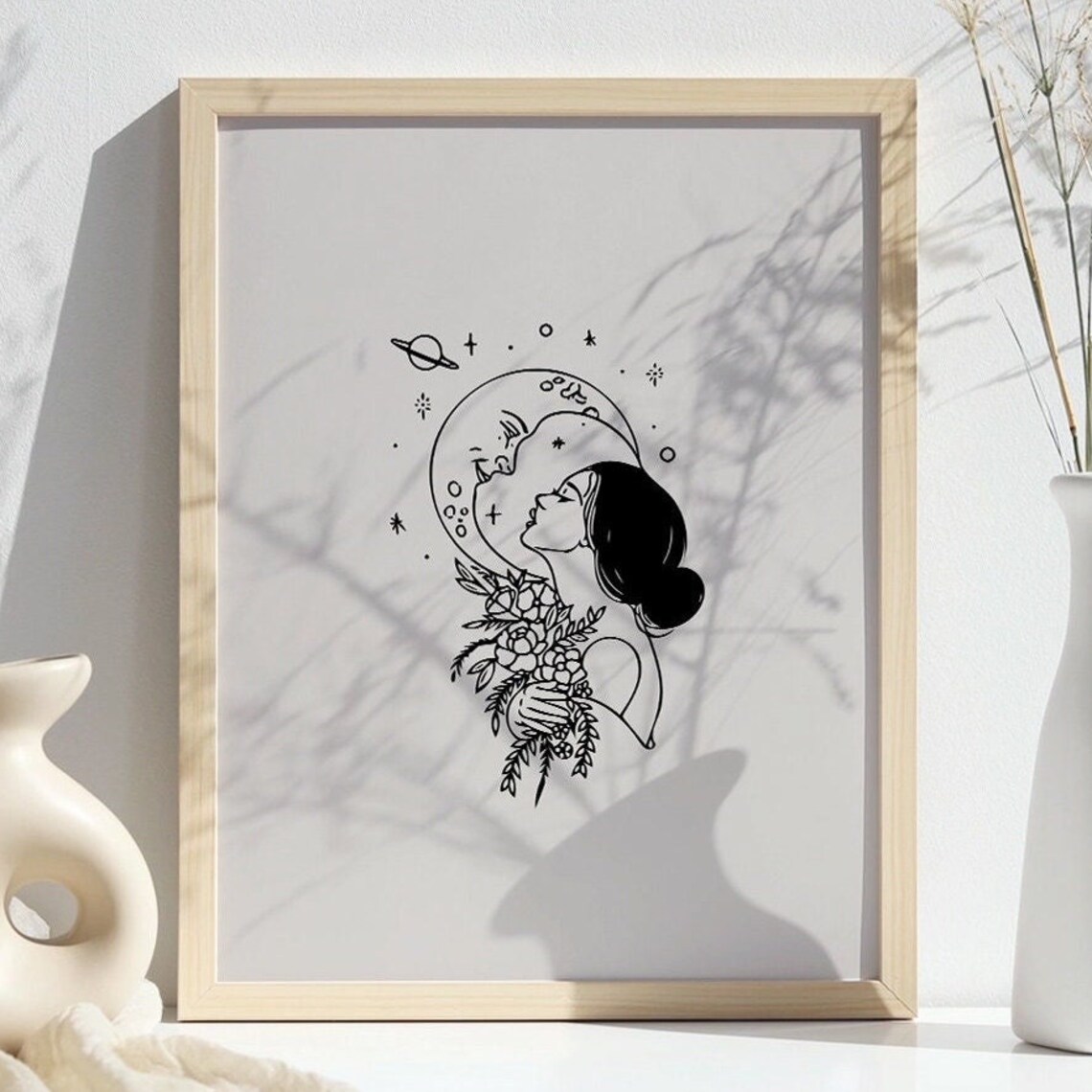 Celestial Moon Goddess Line Art Kissing The Moon Floral Quote Poster