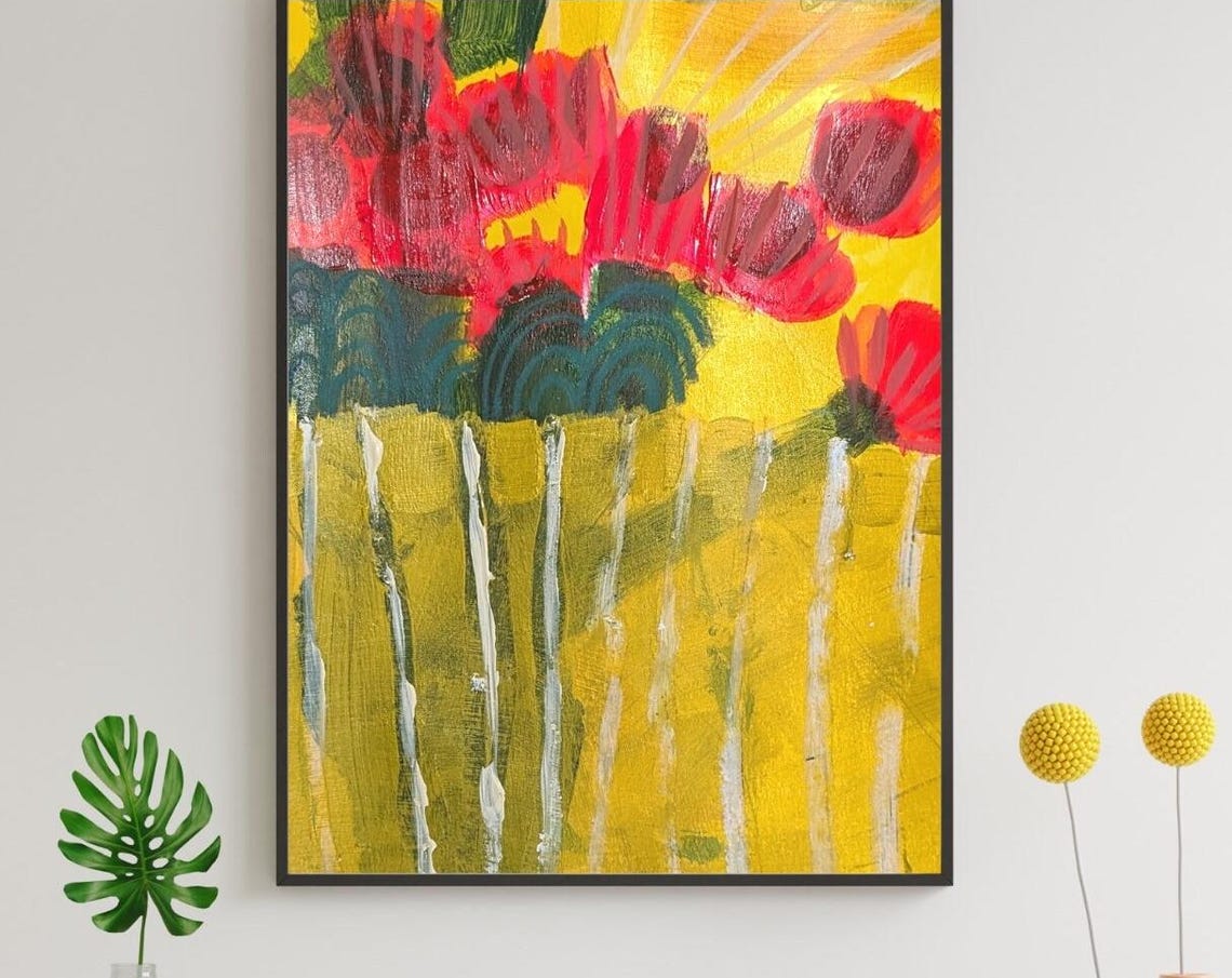 Fiery Red Blooms on Glowing Mustard Yellow Abstract Floral Art Poster - Image 3